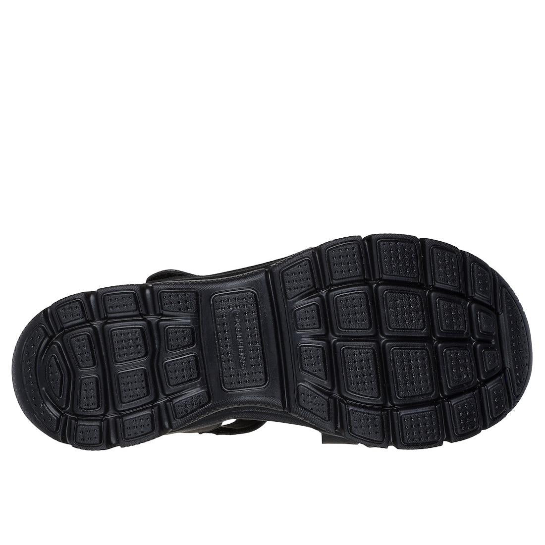 Skechers Easy Going All Day Chic Ladies Black Vegan Touch Fastening Sandals with cushioned sole and slip-on design.