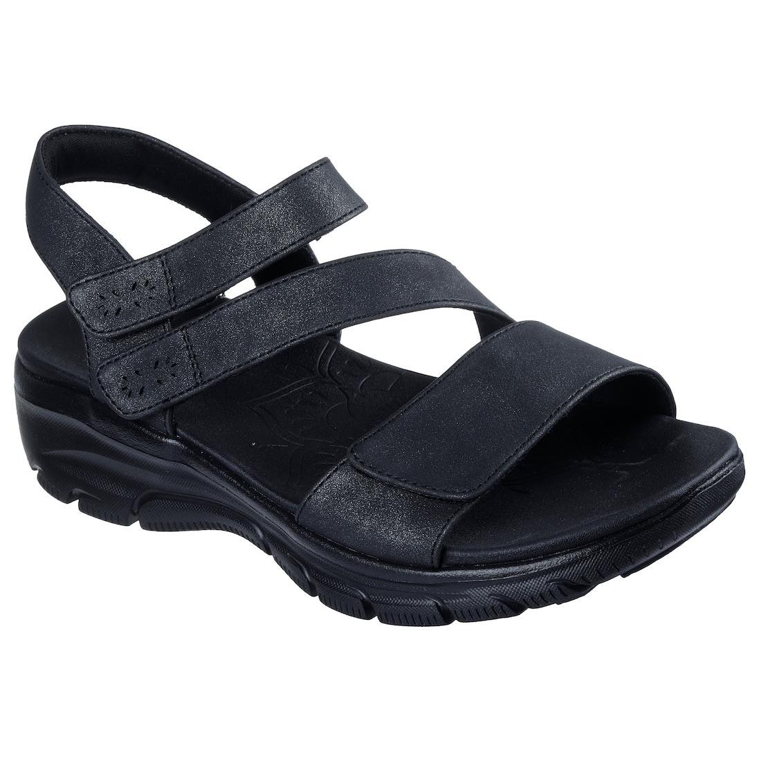 Skechers Easy Going All Day Chic Ladies Black Vegan Touch Fastening Sandals with Velcro straps and cushioned sole.