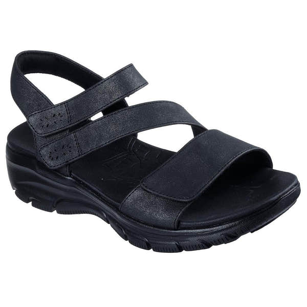 Skechers Easy Going All Day Chic Ladies Black Vegan Touch Fastening Sandals with Velcro straps and cushioned sole.