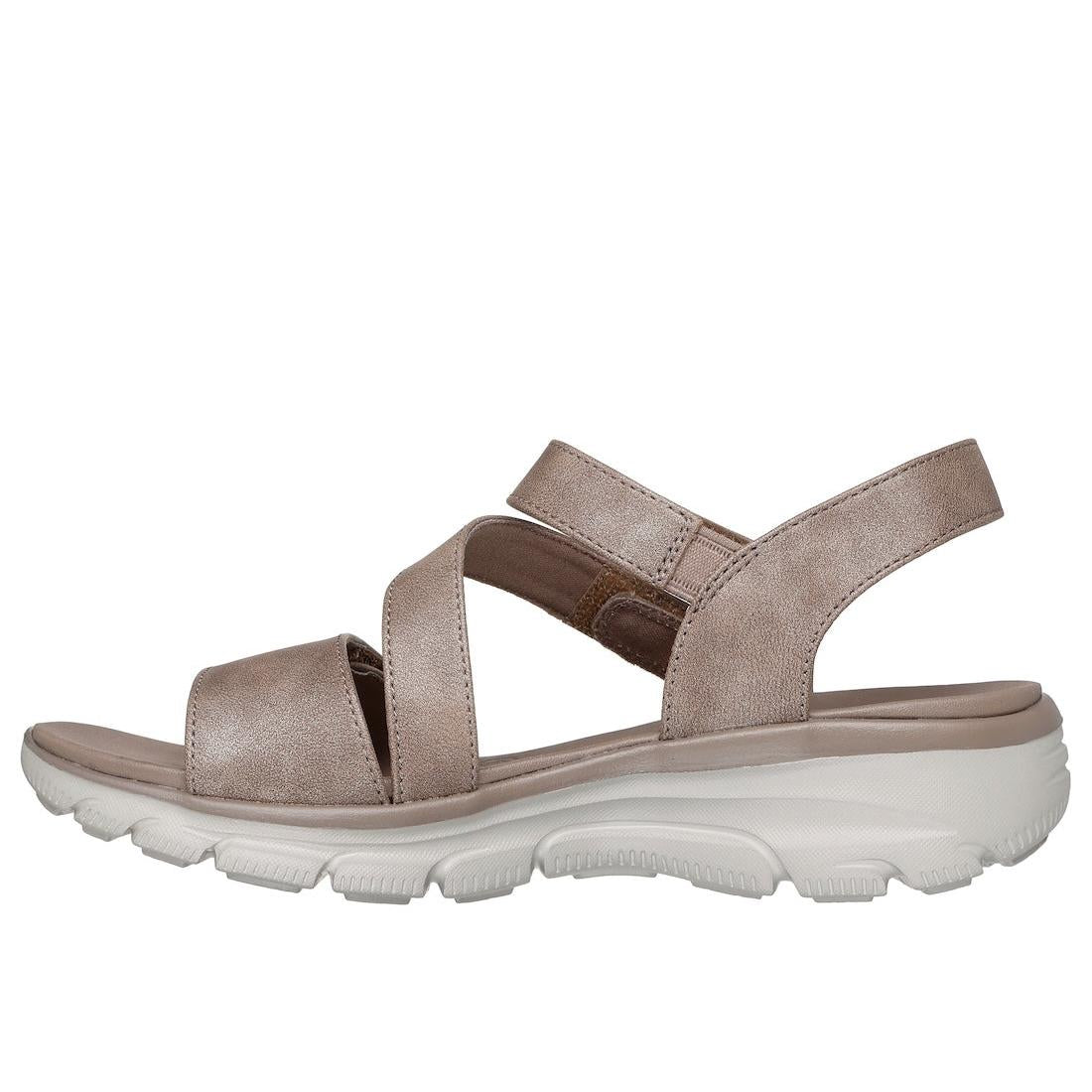 Skechers 163532 women's taupe vegan touch fastening sandals with cushioned sole and all-day comfort, styled for casual wear.