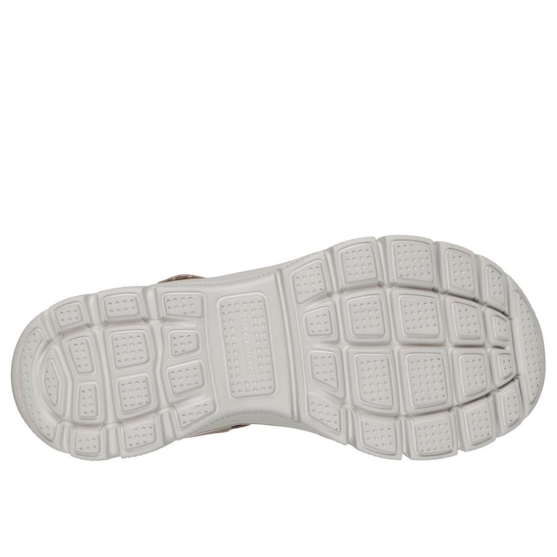 Skechers women's taupe vegan touch fastening sandals with cushioned sole and flexible, slip-resistant outsole.