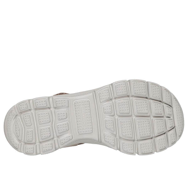 Skechers women's taupe vegan touch fastening sandals with cushioned sole and flexible, slip-resistant outsole.