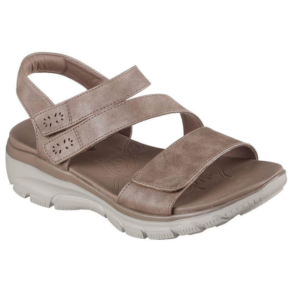 Skechers Easy Going Ladies Taupe Vegan Touch Fastening Sandals with cushioned footbed and chunky white sole.