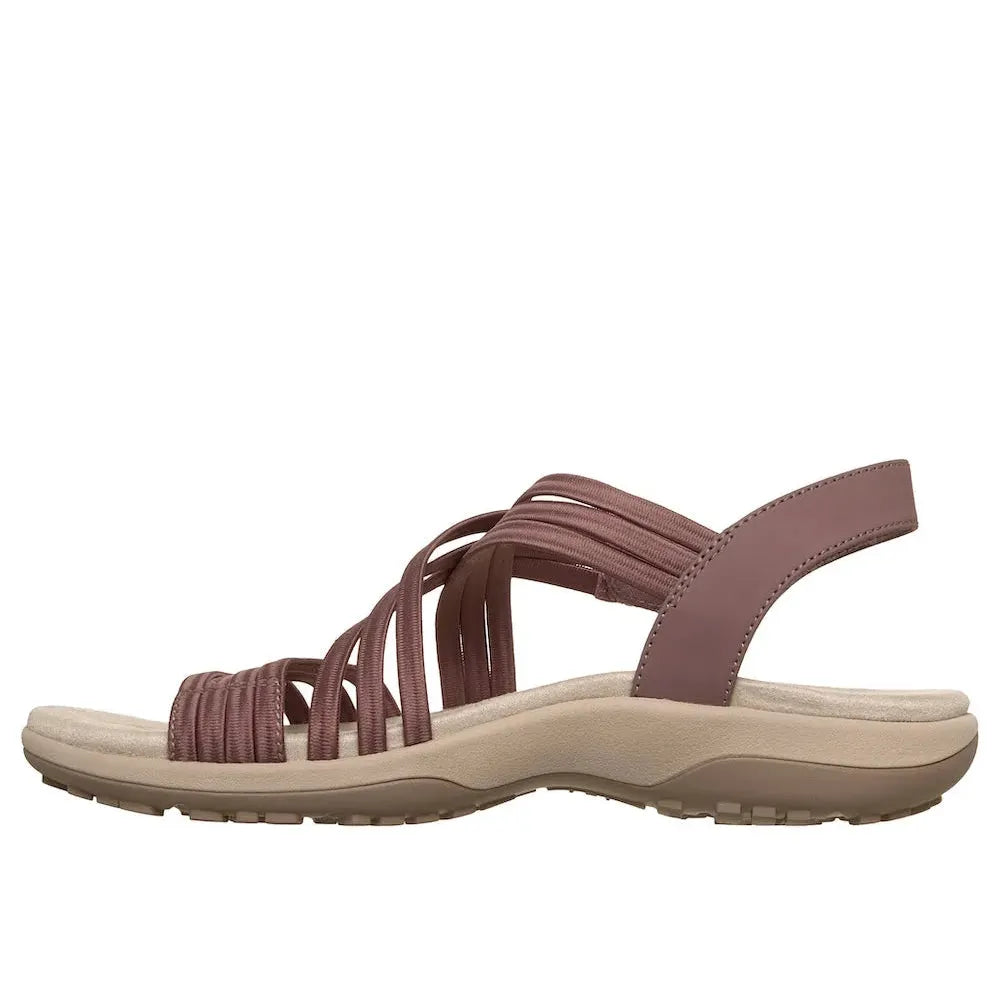 Skechers Reggae Slim Sunnyside 2.0 women's mauve vegan elasticated slip-on sandals with textile straps and cushioned sole.