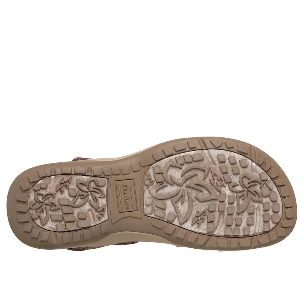 Skechers Reggae Slim Sunnyside 2.0 ladies mauve vegan textile elasticated sandals with floral-patterned rubber sole.