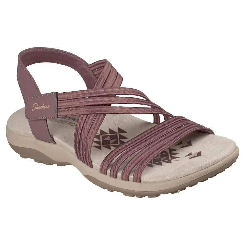 Skechers Reggae Slim Sunnyside 2.0 ladies' mauve vegan elasticated textile sandals with cushioned footbed and slip-resistant sole.
