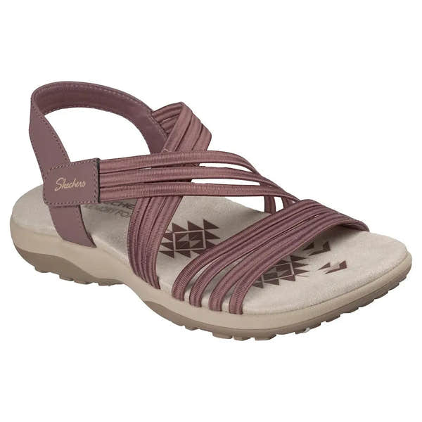 Skechers Reggae Slim Sunnyside 2.0 ladies' mauve vegan elasticated textile sandals with cushioned footbed and slip-resistant sole.
