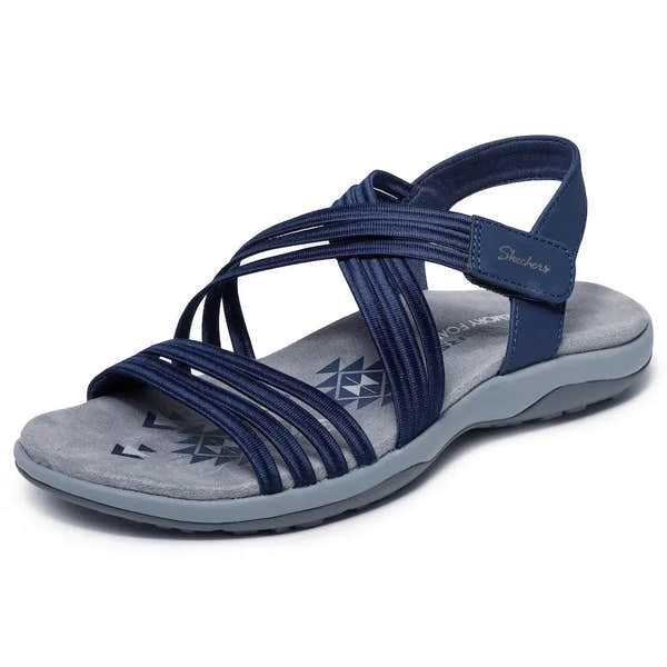 Skechers Reggae Slim Sunnyside 2.0 ladies' navy textile vegan elasticated sandals with cushioned footbed and rubber sole.