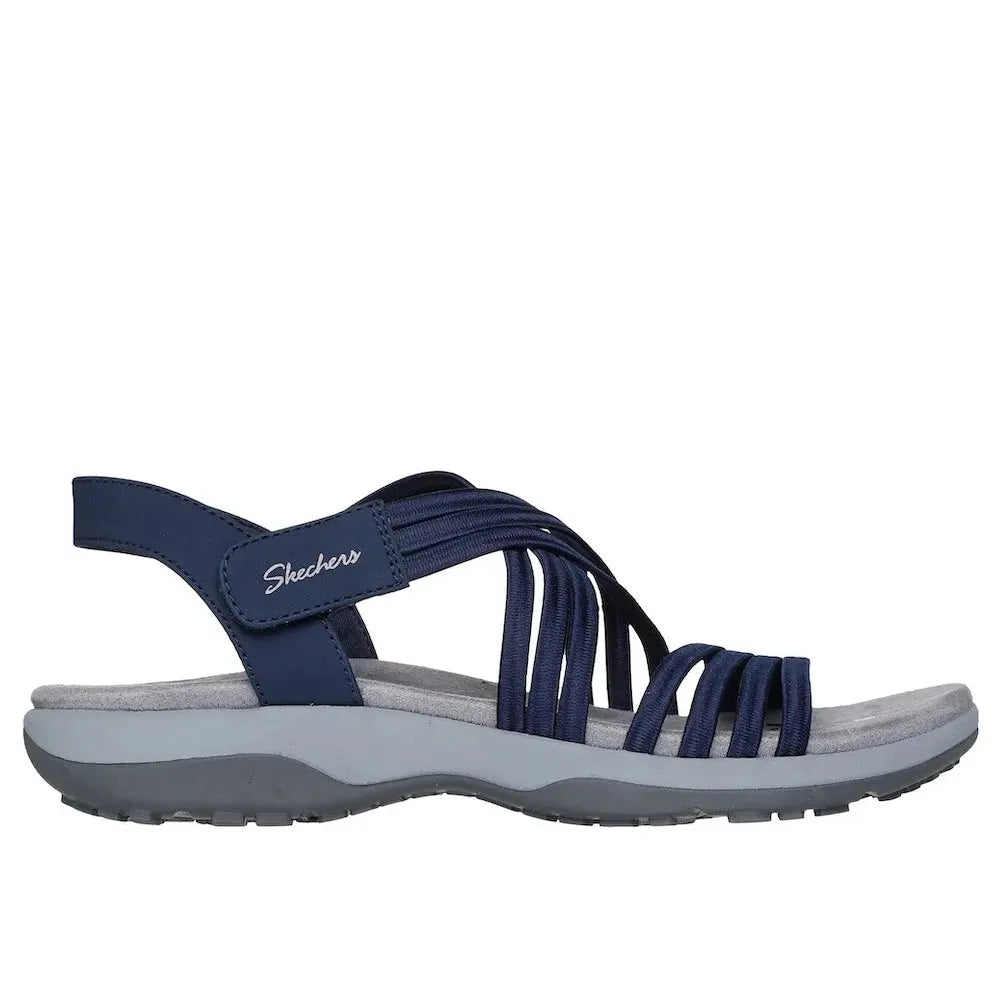 Skechers Reggae Slim Sunnyside 2.0 ladies’ navy vegan textile elasticated sandals with cushioned sole and slip-on design.