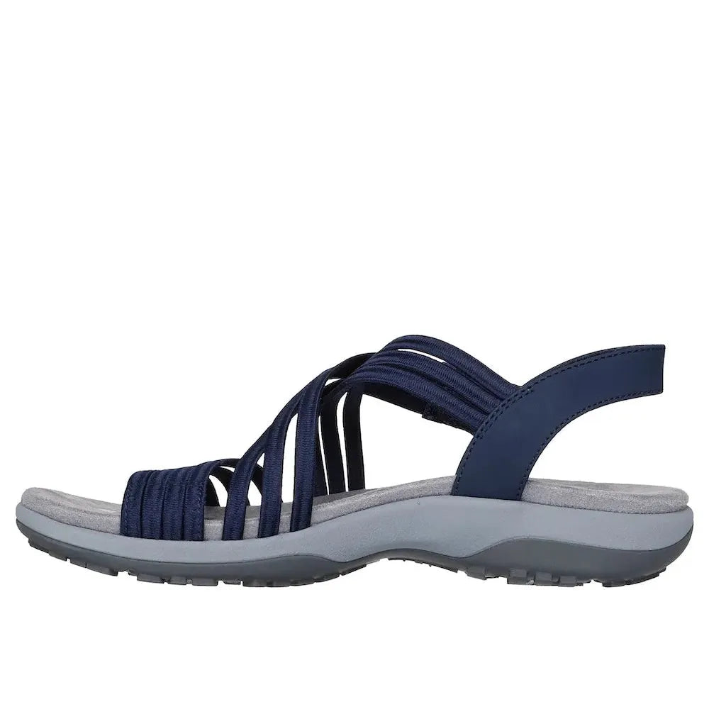 Skechers Reggae Slim Sunnyside 2.0 ladies' navy vegan elasticated sandals with textile straps and cushioned sole.