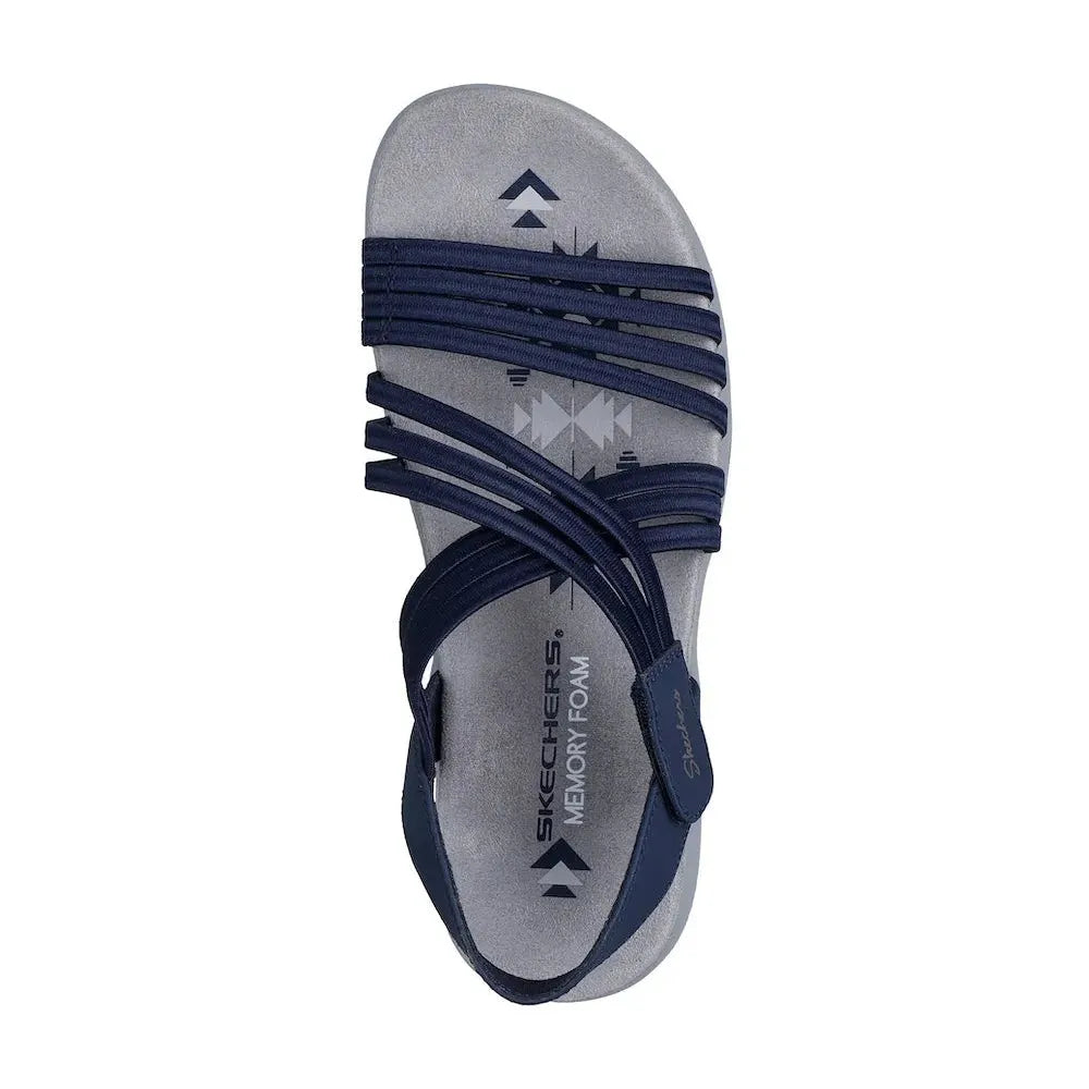 Skechers Reggae Slim Sunnyside 2.0 ladies navy vegan elasticated textile sandal with memory foam sole.