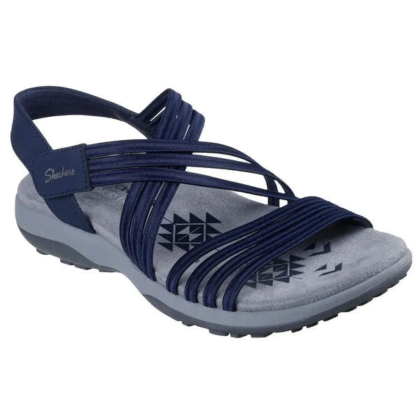Skechers Reggae Slim Sunnyside 2.0 women's navy vegan elasticated sandal with textile upper and cushioned insole.