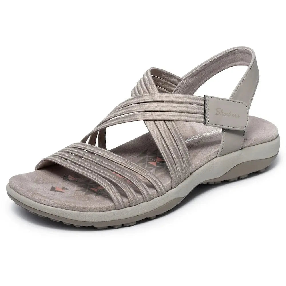 Skechers Reggae Slim Sunnyside 2.0 women's taupe vegan elasticated slide sandals with textile upper and cushioned sole.
