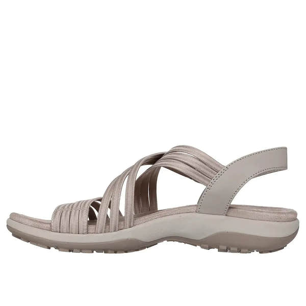 Skechers Reggae Slim Sunnyside 2.0 women's taupe vegan elasticated fabric sandals with cushioned sole and slip-on design.