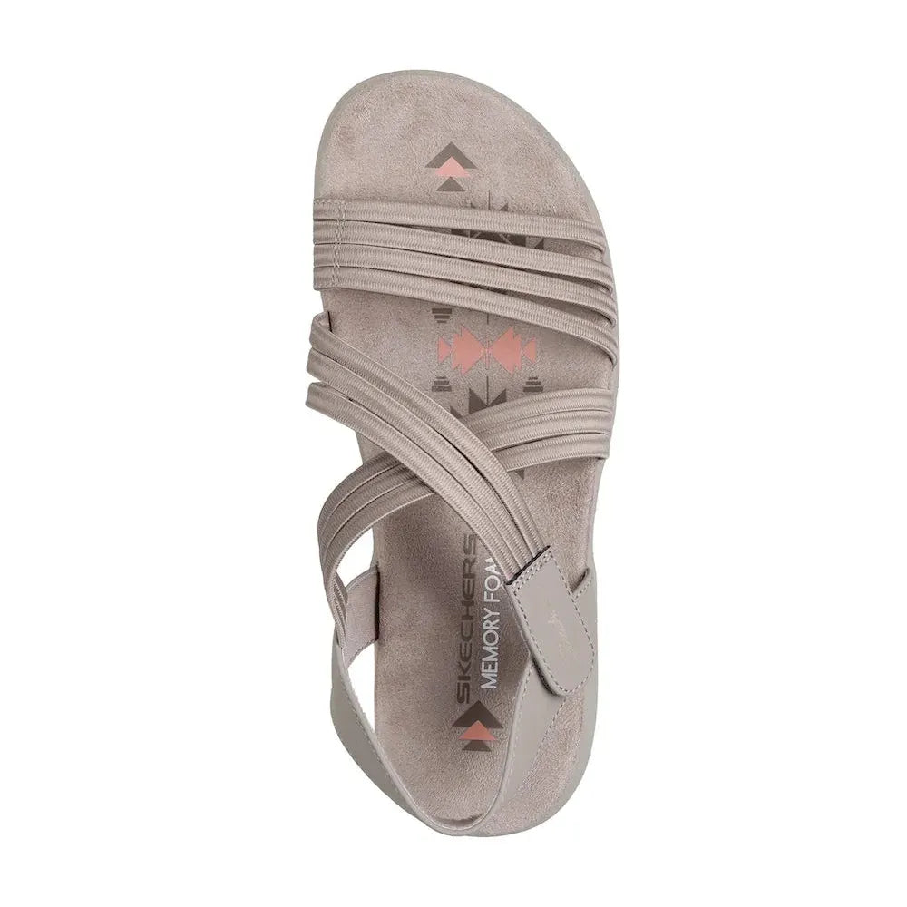Skechers Reggae Slim Sunnyside 2.0 women's taupe vegan elasticated slip-on sandals with multiple strap design.