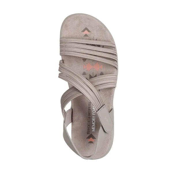 Skechers Reggae Slim Sunnyside 2.0 women's taupe vegan elasticated slip-on sandals with multiple strap design.