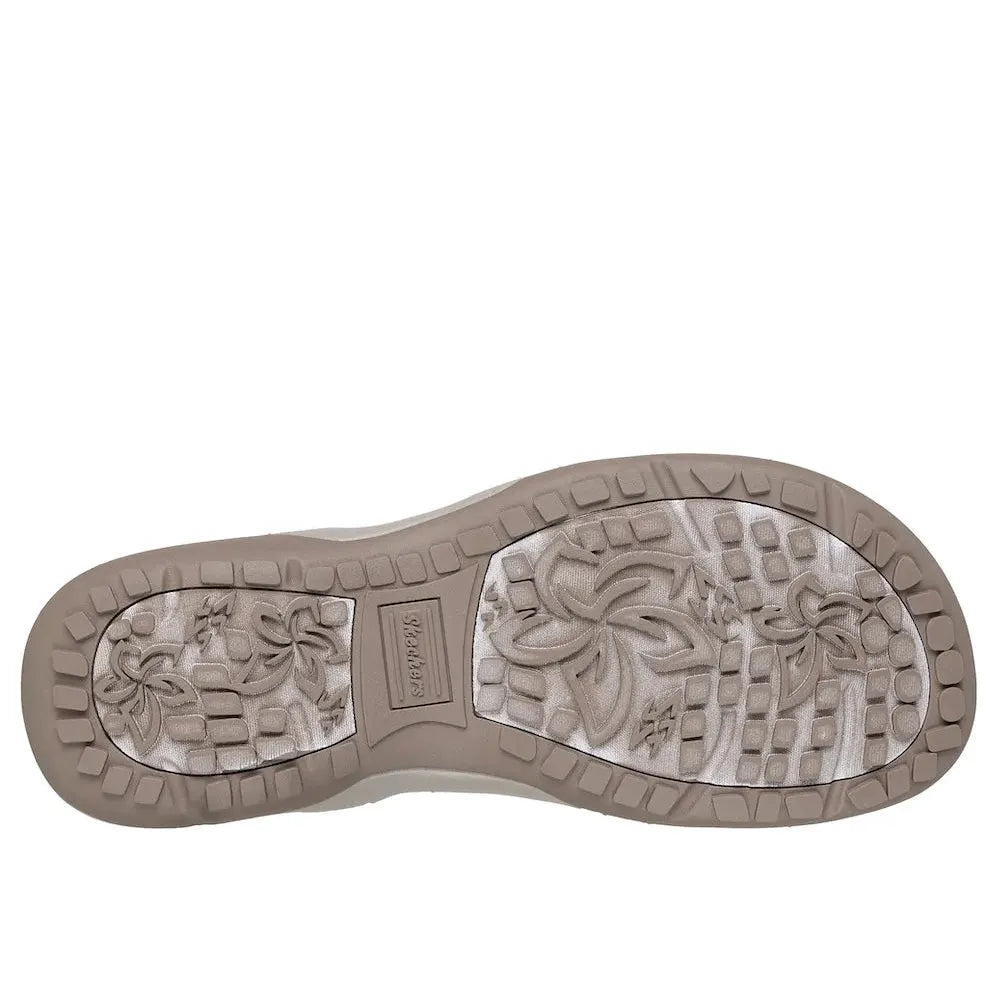 Skechers Reggae Slim Sunnyside 2.0 ladies vegan taupe textile elasticated sandals with floral outsole design.