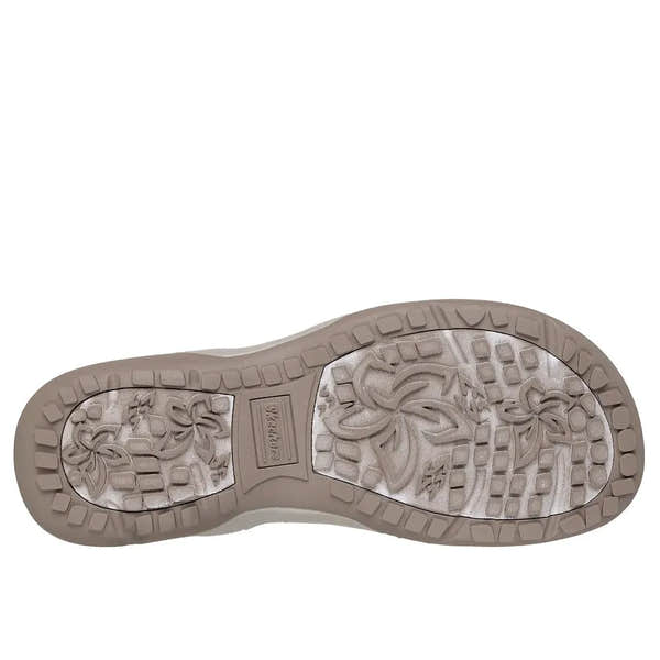 Skechers Reggae Slim Sunnyside 2.0 ladies vegan taupe textile elasticated sandals with floral outsole design.