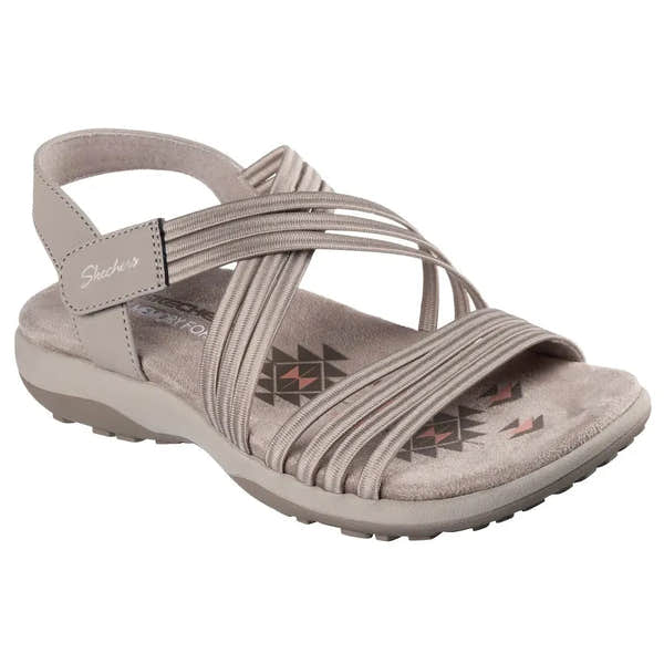 Skechers Reggae Slim Sunnyside 2.0 ladies vegan taupe textile elasticated sandals with cushioned footbed and slip-resistant sole.