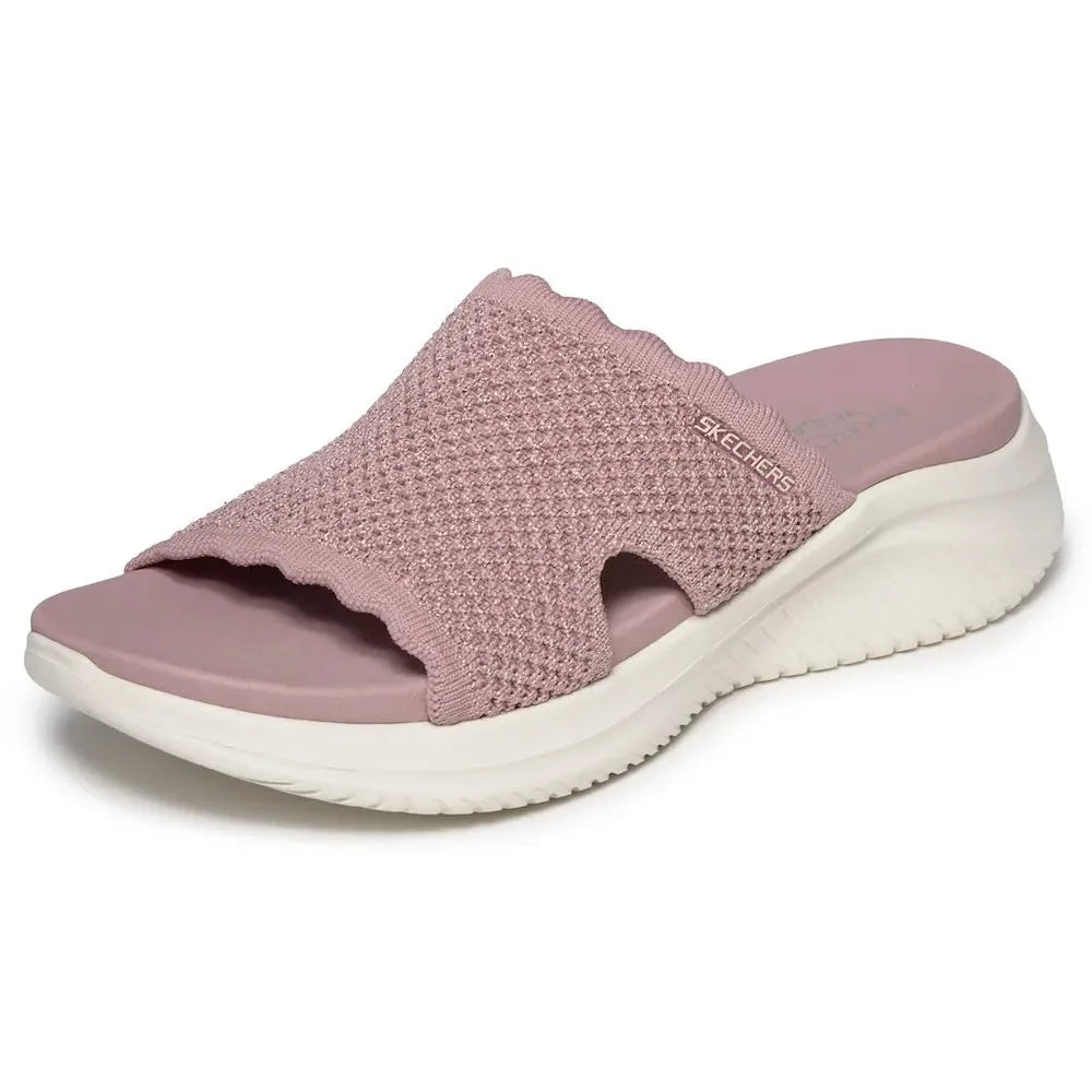Skechers Ultra Flex 3.0 Ladies mauve vegan slip-on mule sandal with textured textile upper and cushioned white sole.