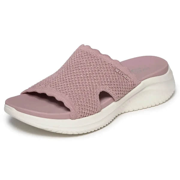 Skechers Ultra Flex 3.0 Ladies mauve vegan slip-on mule sandal with textured textile upper and cushioned white sole.