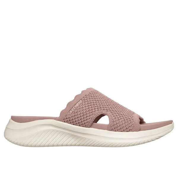 Skechers Ultra Flex 3.0 Ladies Mauve Textile Vegan Slip-On Mules with cushioned sole and breathable knit upper.