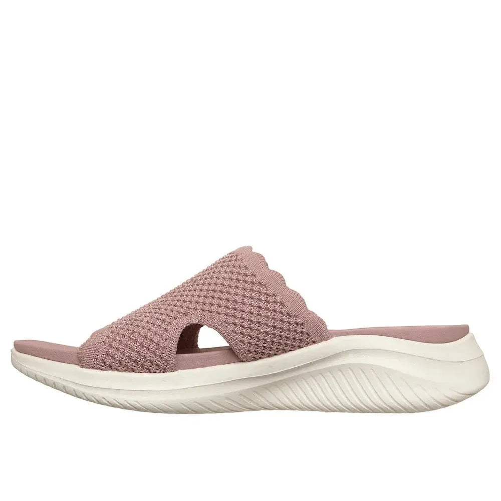 Skechers Ultra Flex 3.0 Ladies Mauve Textile Vegan Slip-On Mules with cushioned sole and scalloped strap design.