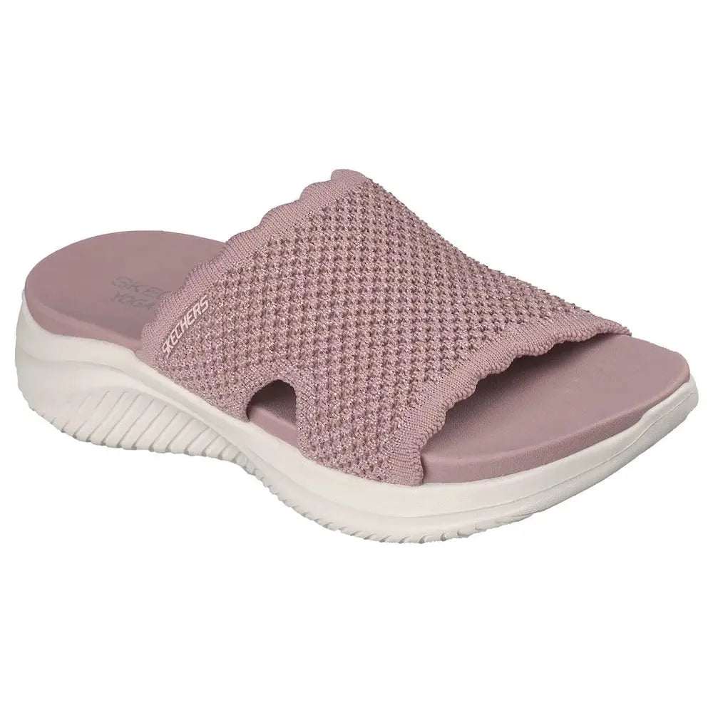 Skechers Ultra Flex 3.0 ladies mauve vegan slip-on mule sandal with textured fabric upper and cushioned footbed.