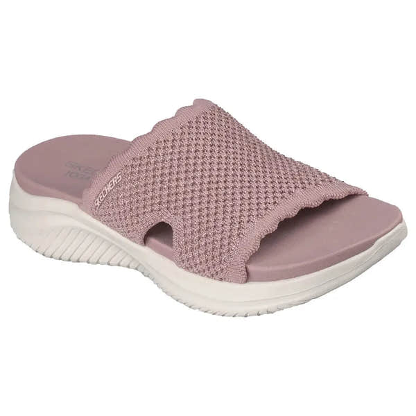 Skechers Ultra Flex 3.0 ladies mauve vegan slip-on mule sandal with textured fabric upper and cushioned footbed.