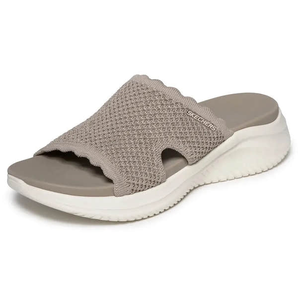 Skechers Ultra Flex 3.0 ladies slip-on mules in taupe textile, vegan-friendly, cushioned sole, sporty casual slide sandal.