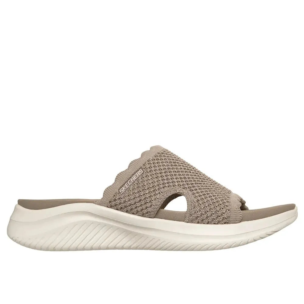 Skechers Ultra Flex 3.0 Ladies Taupe Vegan Slip-On Mules with breathable textile upper and cushioned sole.