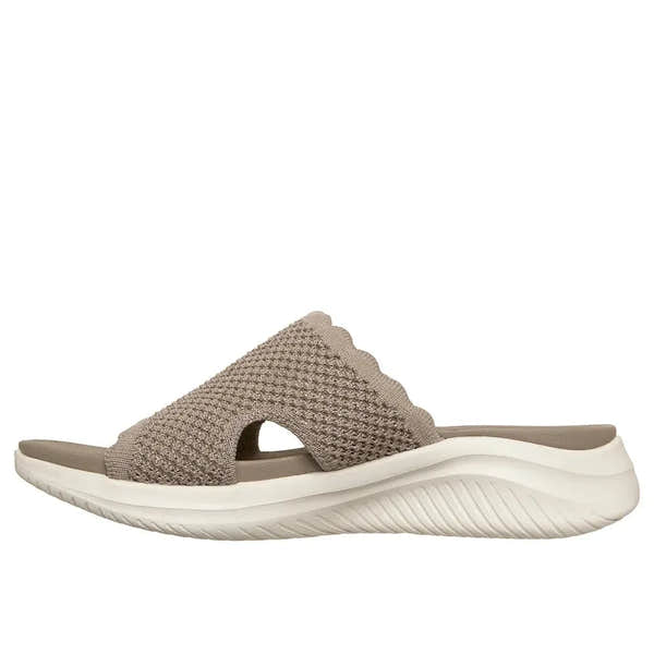 Skechers Ultra Flex 3.0 ladies taupe textile vegan slip-on mule sandals with cushioned sole and wave-textured outsole.