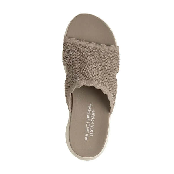 Skechers Ultra Flex 3.0 Ladies Taupe Textile Vegan Slip-On Mules with breathable knit upper and cushioned insole.
