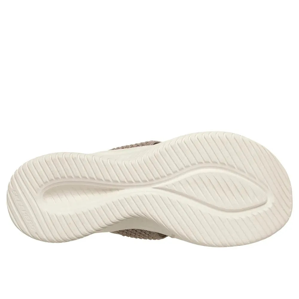 Skechers Ultra Flex 3.0 women's taupe textile vegan slip-on mule with a rubber sole and textured tread pattern.