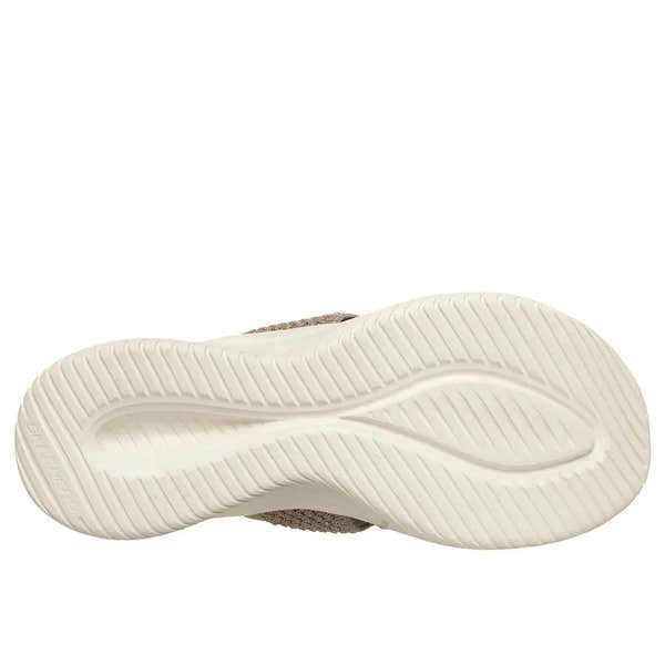 Skechers Ultra Flex 3.0 women's taupe textile vegan slip-on mule with a rubber sole and textured tread pattern.