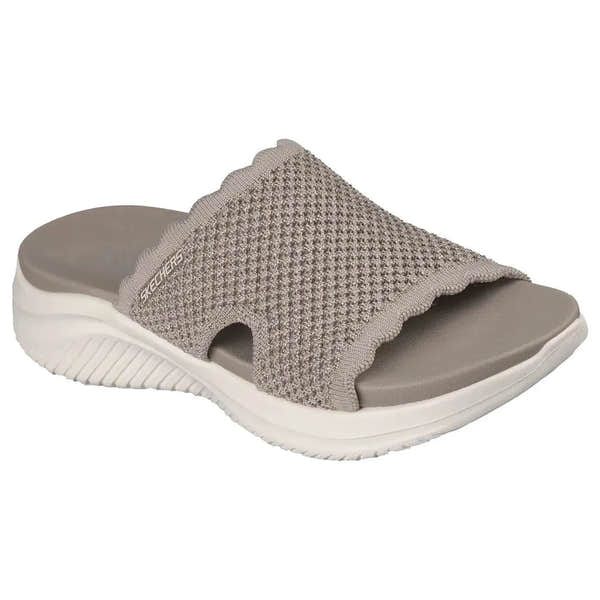 Skechers Ultra Flex 3.0 ladies taupe slip-on mule with textured textile upper and cushioned sole.