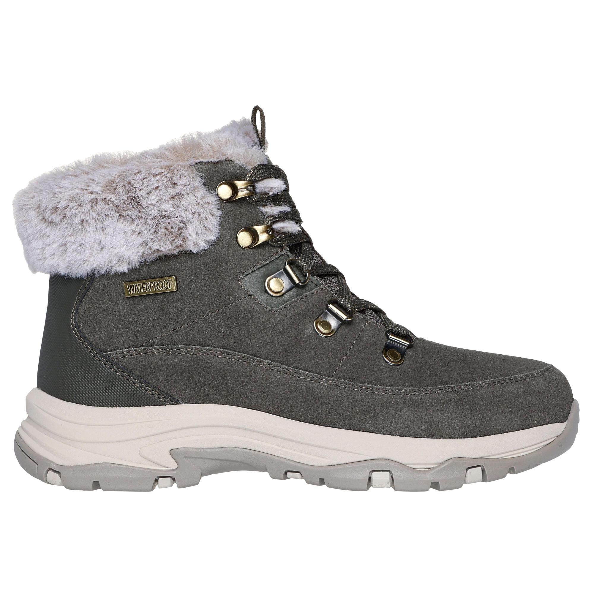 Skechers Trego snow worry women's olive waterproof lace-up ankle boots with faux fur collar and rugged sole.