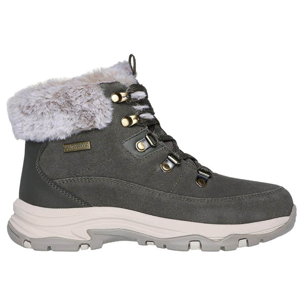 Skechers Trego snow worry women's olive waterproof lace-up ankle boots with faux fur collar and rugged sole.