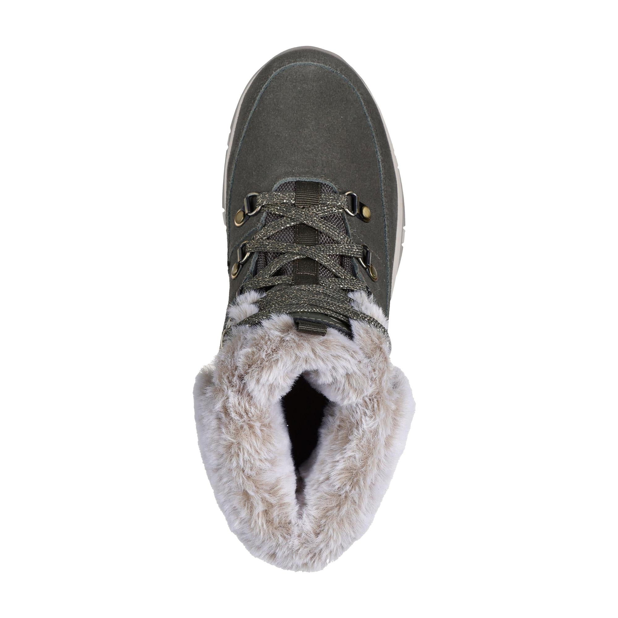 Skechers Trego Snow Worries women's olive waterproof lace-up ankle boots with faux fur lining and rugged sole.