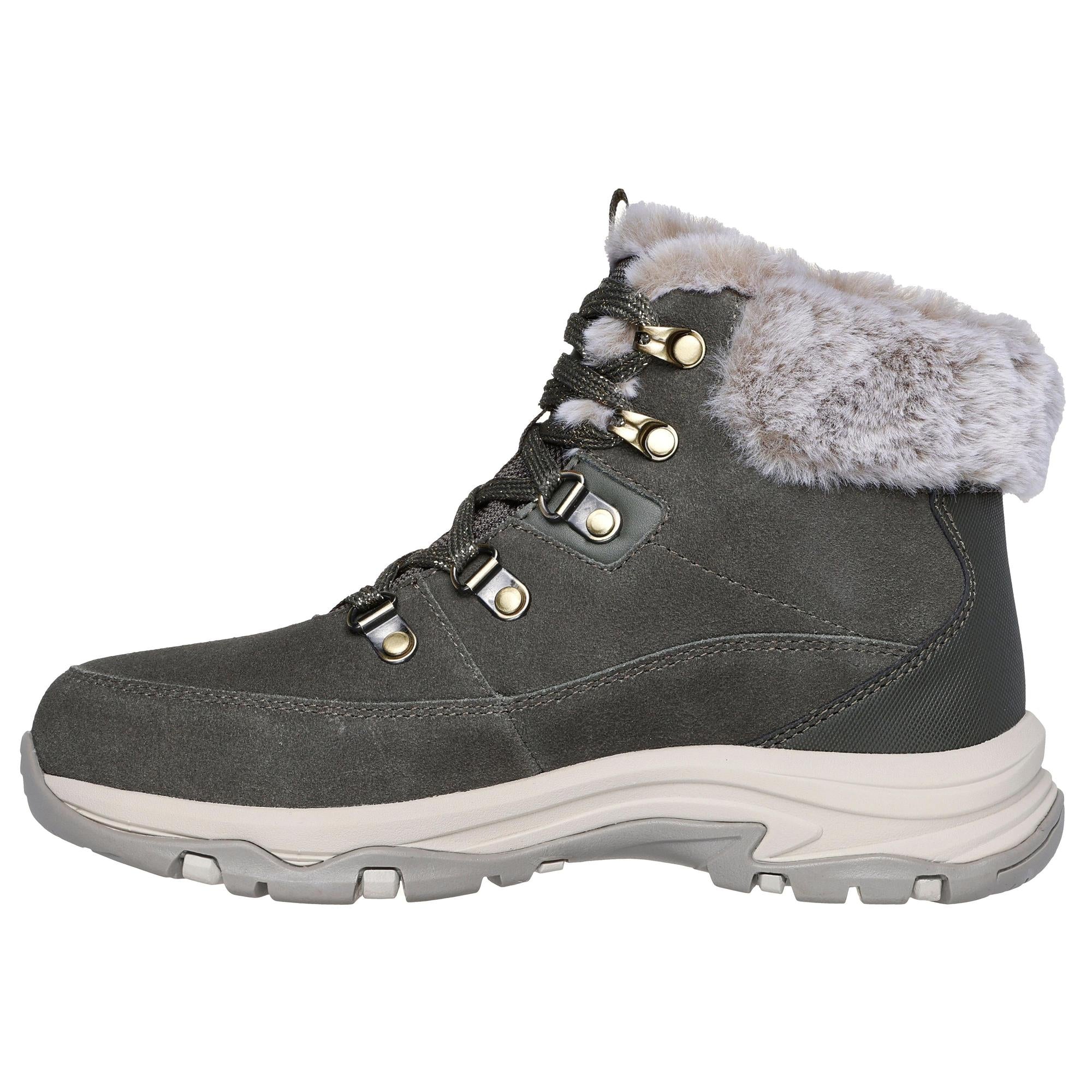 Skechers Trego Ladies Olive Suede Waterproof Snow Boots with faux fur lining and lace-up front.