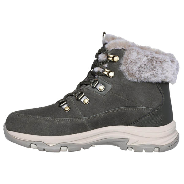 Skechers Trego Ladies Olive Suede Waterproof Snow Boots with faux fur lining and lace-up front.
