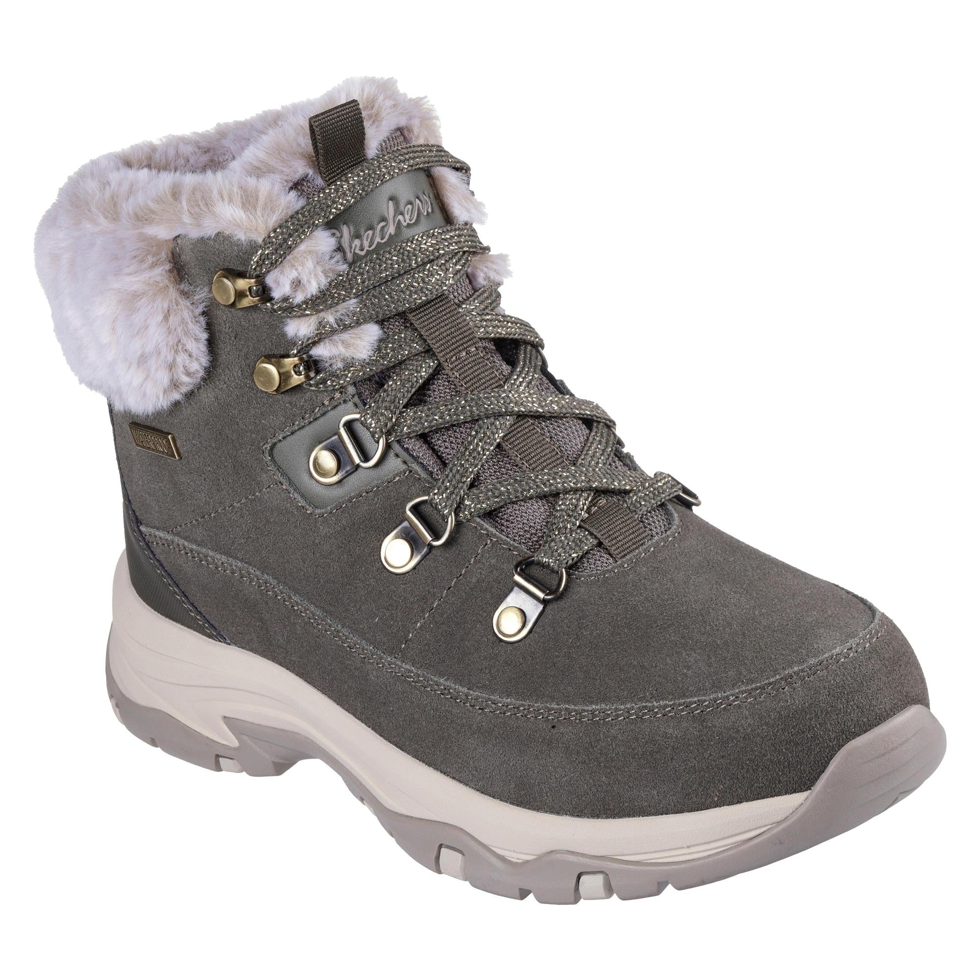 Skechers Trego Snow Worries women's olive waterproof lace-up ankle boot with faux fur collar and rugged sole.