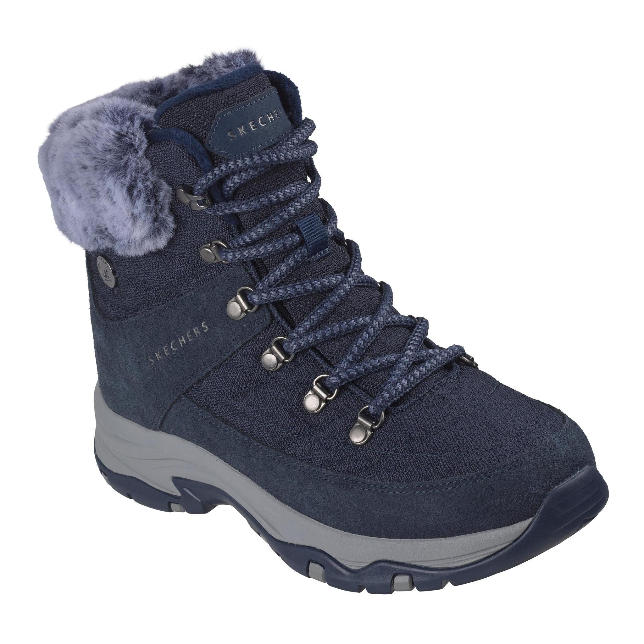 Skechers 167886 Trego - Stormie Frost Ladies Navy Leather Ankle Boots, outer side view.