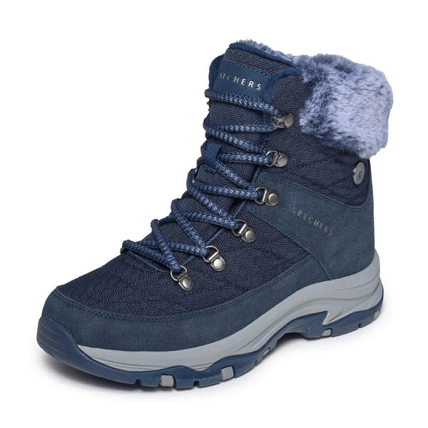 Skechers 167886 Trego - Stormie Frost Ladies Navy Leather Ankle Boots, left side view.