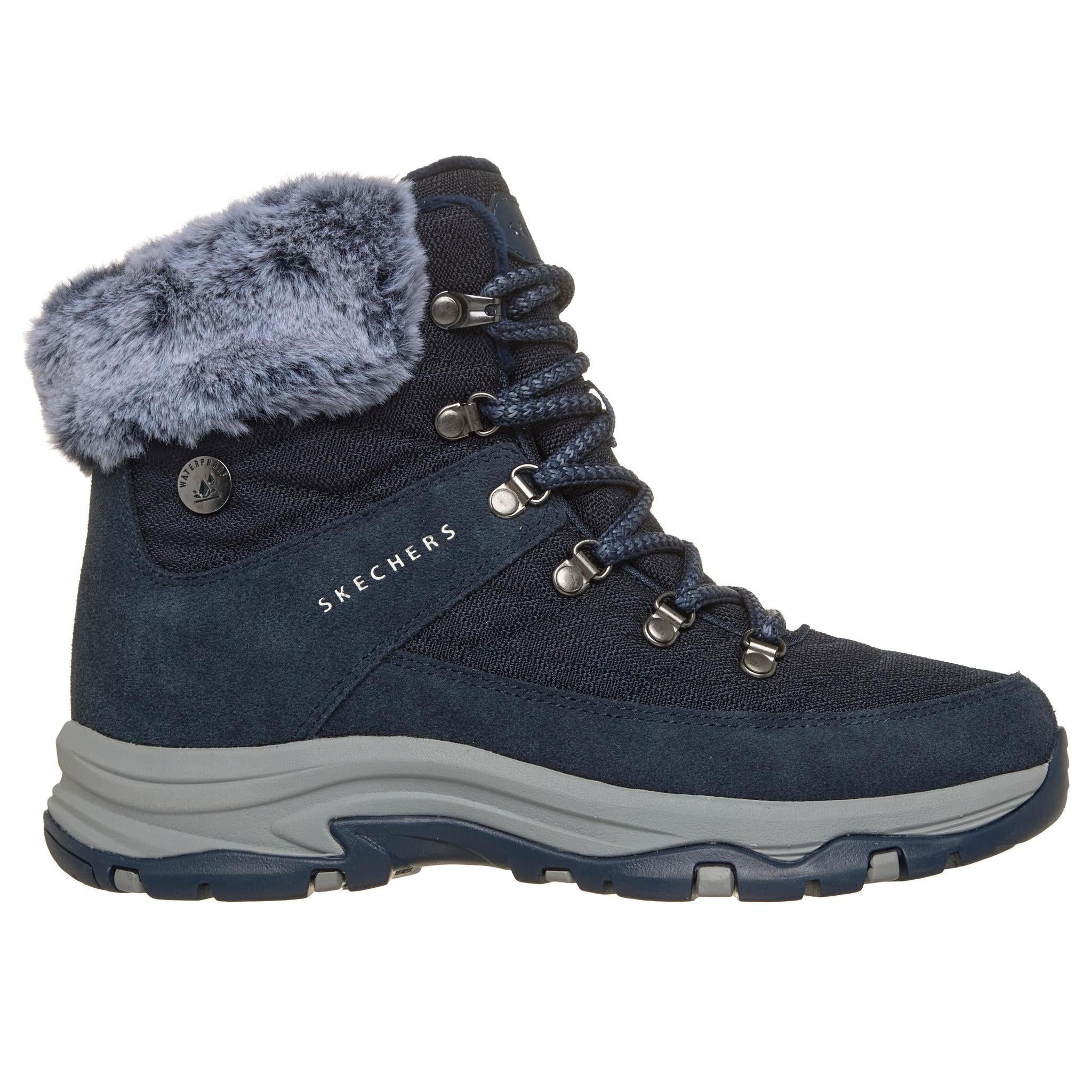 Skechers 167886 Trego - Stormie Frost Ladies Navy Leather Ankle Boots, front three-quarter view.