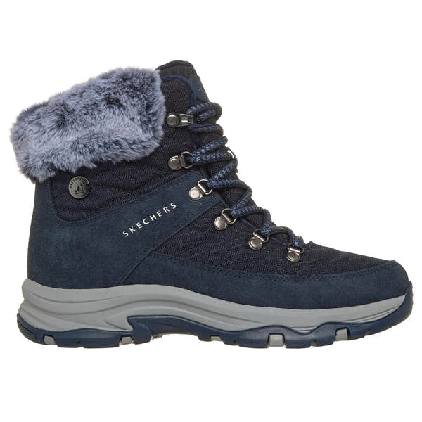 Skechers 167886 Trego - Stormie Frost Ladies Navy Leather Ankle Boots, front three-quarter view.