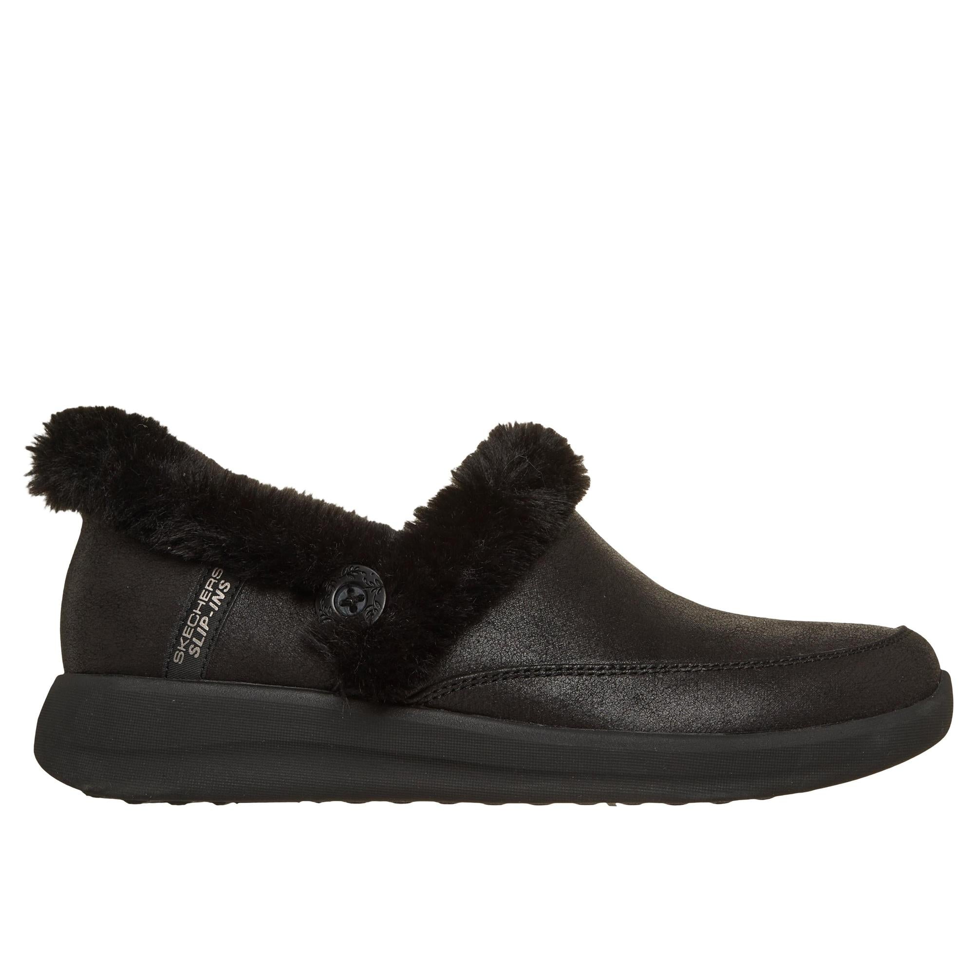 Skechers Cozy Escape slip-on slippers for women, black vegan leather with water-resistant and faux fur lining, comfort-focused design.