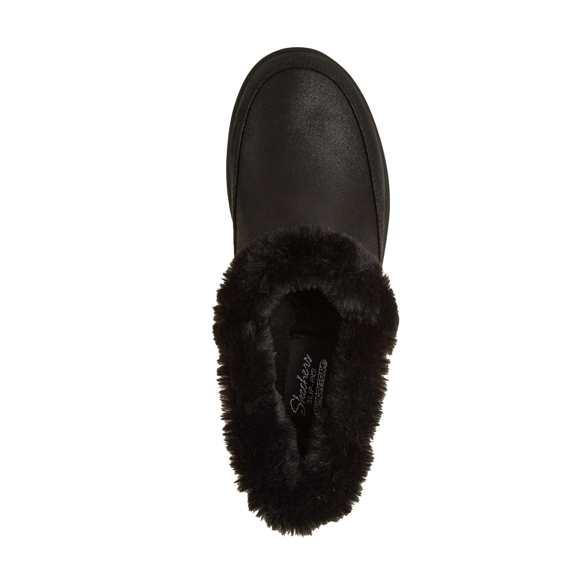 Skechers Cozy Escape slip-on slippers for women, black vegan leather, water-resistant with plush faux-fur lining.