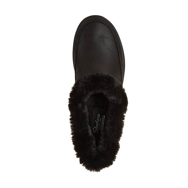 Skechers Cozy Escape slip-on slippers for women, black vegan leather, water-resistant with plush faux-fur lining.