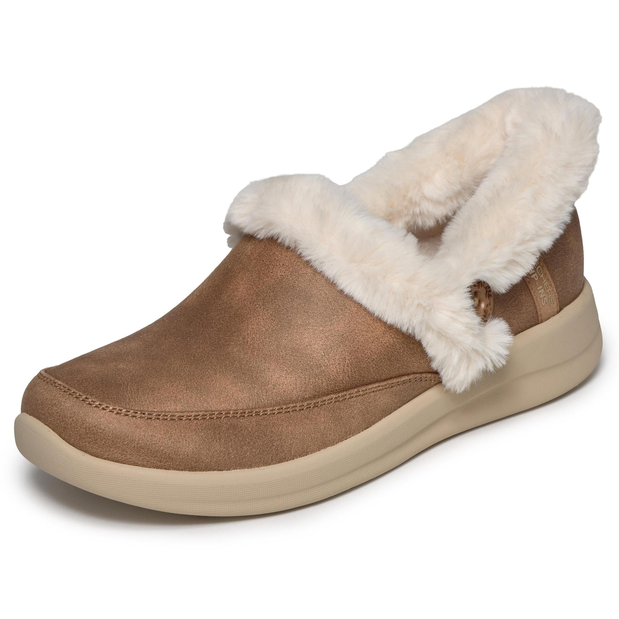 Skechers Cozy Escape slip-on slippers for women, chestnut vegan leather with water-resistant and plush faux fur lining.